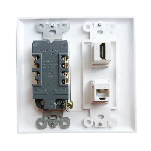 Alt view image 2 of 6 - 20Amp Power Outlet with Ethernet HDMI Port Wall Plate - Duplex Receptacle Outlet with 1 Port HDMI, 1 CAT6 RJ45 Cover Plate - White