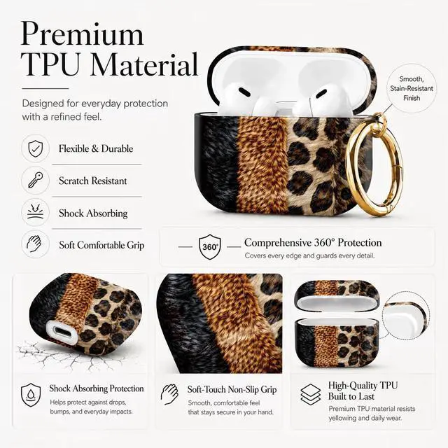 Alt view image 6 of 7 - Compatible with AirPod Pro 3 Case 2025,Shockproof Protective Cover with Keychain,Multi-Theme Graphic Design Shell for Men Women,Ideal for Gym&Travel(Leopard Fur Texture Closeup)