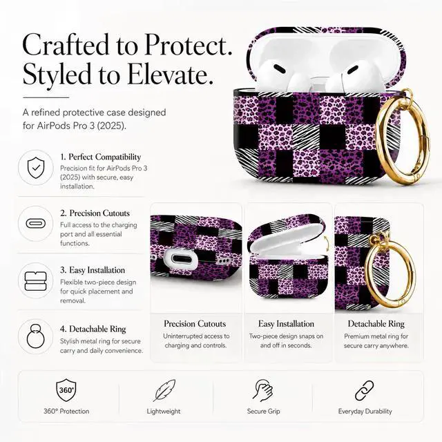 Alt view image 2 of 7 - Compatible with AirPod Pro 3 Case 2025,Shockproof Protective Cover with Keychain,Multi-Theme Graphic Design Shell for Men Women,Ideal for Gym&Travel(Purple Leopard Zebra)