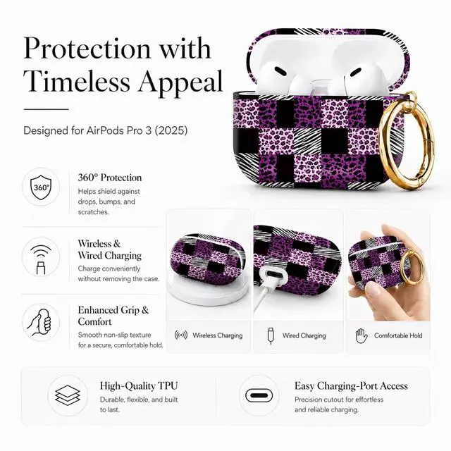 Alt view image 5 of 7 - Compatible with AirPod Pro 3 Case 2025,Shockproof Protective Cover with Keychain,Multi-Theme Graphic Design Shell for Men Women,Ideal for Gym&Travel(Purple Leopard Zebra)