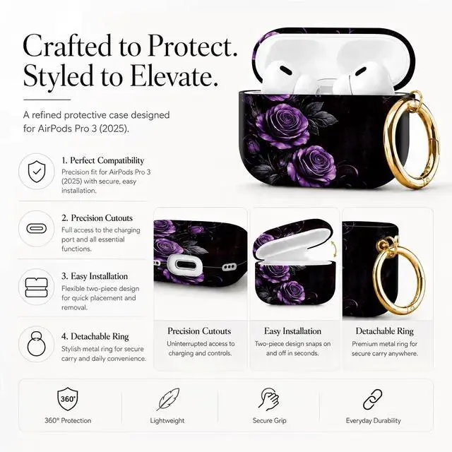 Alt view image 2 of 7 - Compatible with AirPod Pro 3 Case 2025,Shockproof Protective Cover with Keychain,Multi-Theme Graphic Design Shell for Men Women,Ideal for Gym&Travel(Purple Roses with Swirls and Leaves)
