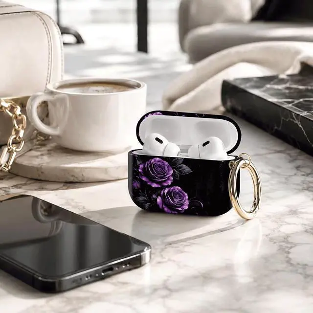 Alt view image 4 of 7 - Compatible with AirPod Pro 3 Case 2025,Shockproof Protective Cover with Keychain,Multi-Theme Graphic Design Shell for Men Women,Ideal for Gym&Travel(Purple Roses with Swirls and Leaves)