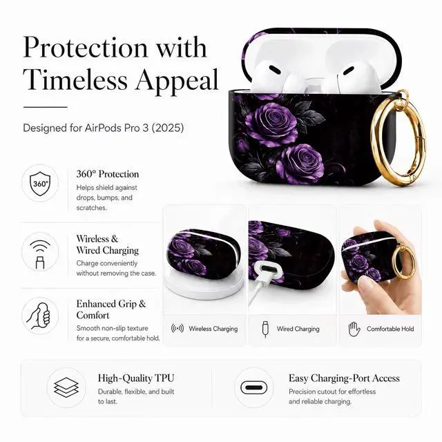 Alt view image 5 of 7 - Compatible with AirPod Pro 3 Case 2025,Shockproof Protective Cover with Keychain,Multi-Theme Graphic Design Shell for Men Women,Ideal for Gym&Travel(Purple Roses with Swirls and Leaves)