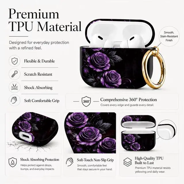Alt view image 6 of 7 - Compatible with AirPod Pro 3 Case 2025,Shockproof Protective Cover with Keychain,Multi-Theme Graphic Design Shell for Men Women,Ideal for Gym&Travel(Purple Roses with Swirls and Leaves)