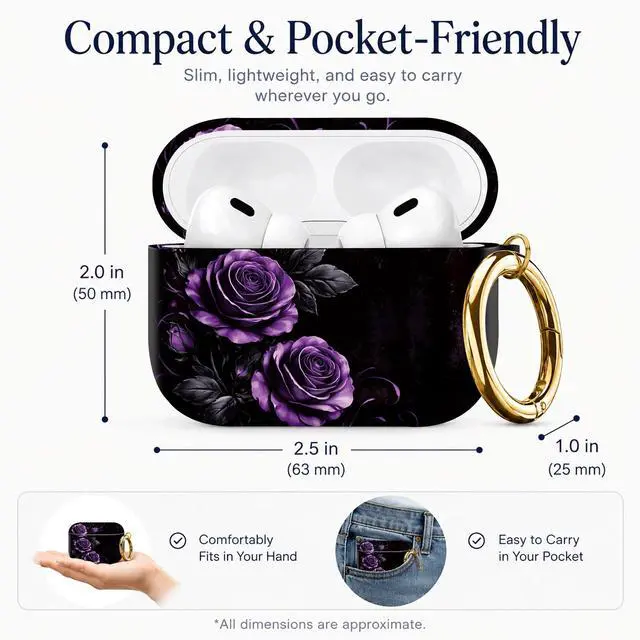 Alt view image 3 of 7 - Compatible with AirPod Pro 3 Case 2025,Shockproof Protective Cover with Keychain,Multi-Theme Graphic Design Shell for Men Women,Ideal for Gym&Travel(Purple Roses with Swirls and Leaves)