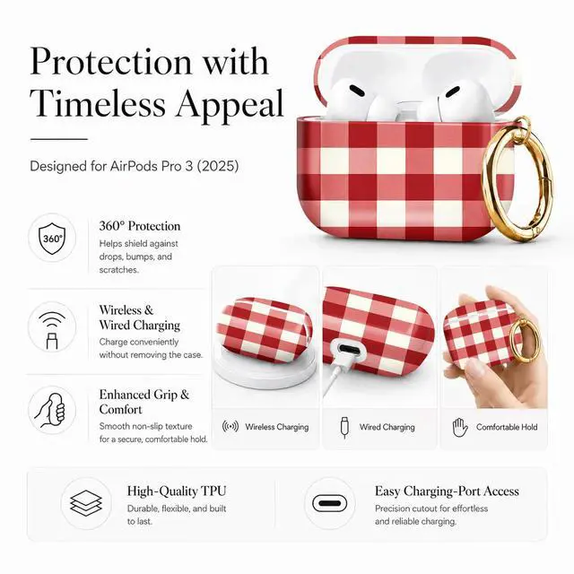 Alt view image 5 of 7 - Compatible with AirPod Pro 3 Case 2025,Shockproof Protective Cover with Keychain,Multi-Theme Graphic Design Shell for Men Women,Ideal for Gym&Travel(Red White Fabric)