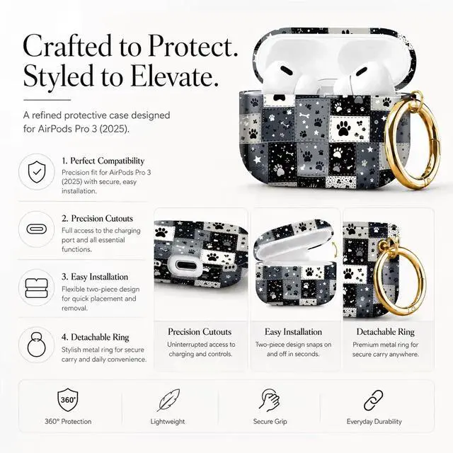 Alt view image 2 of 7 - Compatible with AirPod Pro 3 Case 2025,Shockproof Protective Cover with Keychain,Multi-Theme Graphic Design Shell for Men Women,Ideal for Gym&Travel(Paw Prints Stars Bones Dots Patterns)