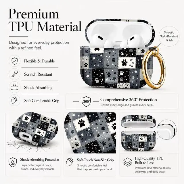 Alt view image 6 of 7 - Compatible with AirPod Pro 3 Case 2025,Shockproof Protective Cover with Keychain,Multi-Theme Graphic Design Shell for Men Women,Ideal for Gym&Travel(Paw Prints Stars Bones Dots Patterns)