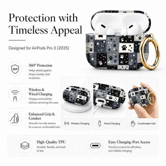 Alt view image 5 of 7 - Compatible with AirPod Pro 3 Case 2025,Shockproof Protective Cover with Keychain,Multi-Theme Graphic Design Shell for Men Women,Ideal for Gym&Travel(Paw Prints Stars Bones Dots Patterns)