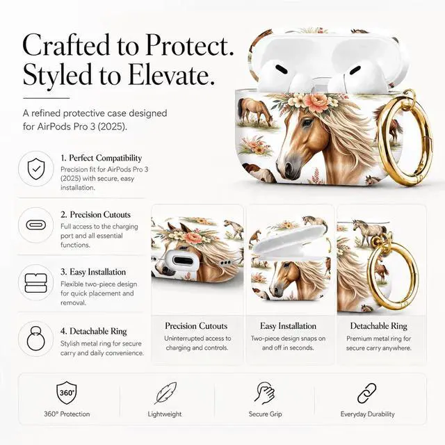 Alt view image 2 of 7 - Compatible with AirPod Pro 3 Case 2025,Shockproof Protective Cover with Keychain,Multi-Theme Graphic Design Shell for Men Women,Ideal for Gym&Travel(Horse Floral Crown)