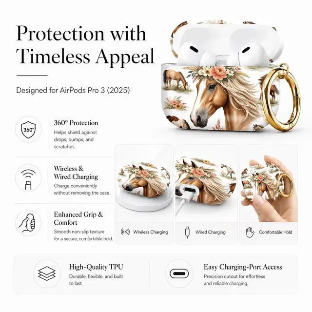 Alt view image 5 of 7 - Compatible with AirPod Pro 3 Case 2025,Shockproof Protective Cover with Keychain,Multi-Theme Graphic Design Shell for Men Women,Ideal for Gym&Travel(Horse Floral Crown)