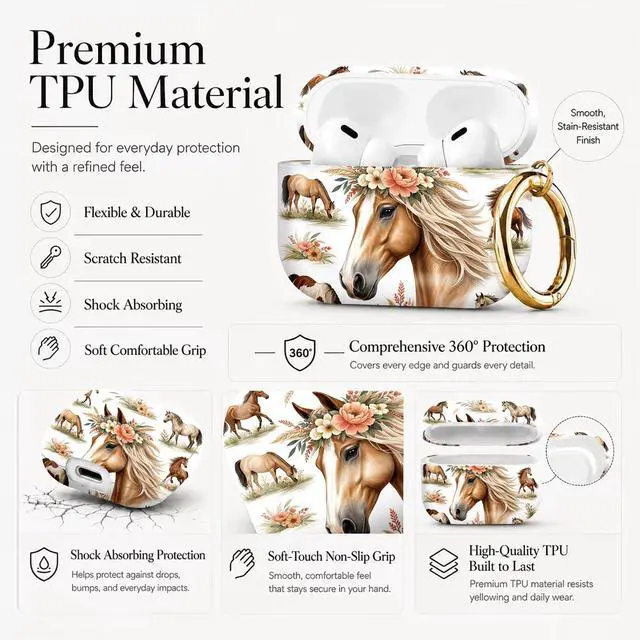 Alt view image 6 of 7 - Compatible with AirPod Pro 3 Case 2025,Shockproof Protective Cover with Keychain,Multi-Theme Graphic Design Shell for Men Women,Ideal for Gym&Travel(Horse Floral Crown)