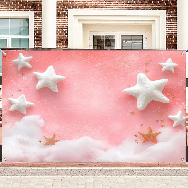 Main image of 90x70" Pink Star Cloud Glitter Backdrop | Magical pink glitter backdrop with fluffy clouds and star pillows for playroom decor