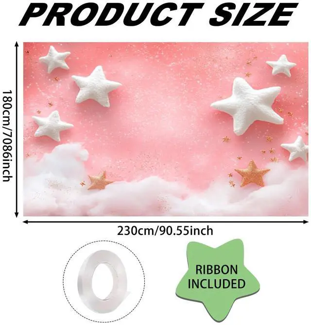 Alt view image 3 of 6 - 90x70" Pink Star Cloud Glitter Backdrop | Magical pink glitter backdrop with fluffy clouds and star pillows for playroom decor