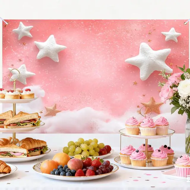 Alt view image 5 of 6 - 90x70" Pink Star Cloud Glitter Backdrop | Magical pink glitter backdrop with fluffy clouds and star pillows for playroom decor