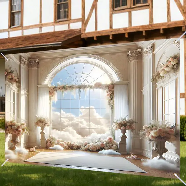 Alt view image 2 of 6 - Wedding Backdrop Floral Window Ceremony 90x70 Polyester | Wedding poster photo backdrop ceremony decoration background hall room studio (Floral Window)