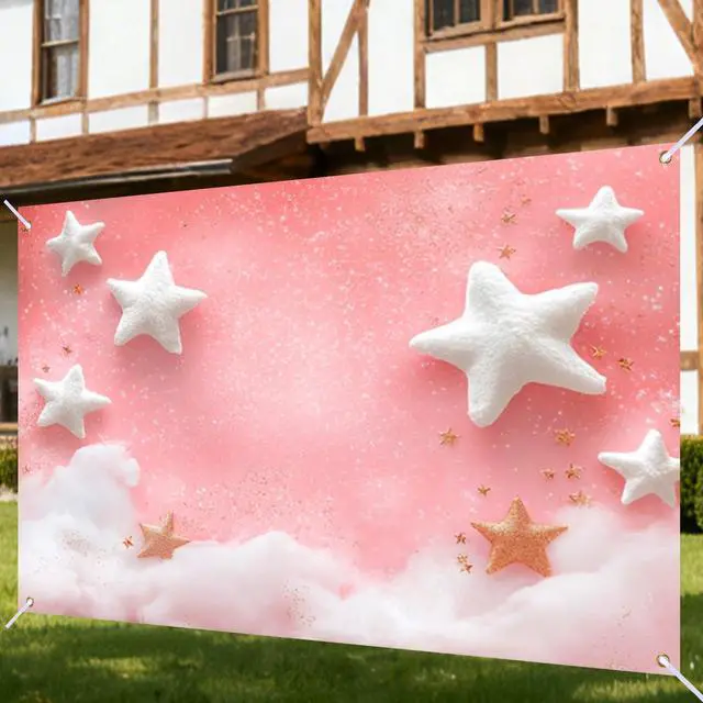 Alt view image 2 of 6 - 90x70" Pink Star Cloud Glitter Backdrop | Magical pink glitter backdrop with fluffy clouds and star pillows for playroom decor
