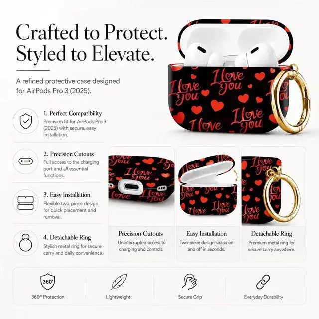 Alt view image 2 of 7 - Compatible with AirPod Pro 3 Case 2025,Shockproof Protective Cover with Keychain,Multi-Theme Graphic Design Shell for Men Women,Ideal for Gym&Travel(I Love You Hearts)