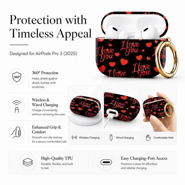 Alt view image 5 of 7 - Compatible with AirPod Pro 3 Case 2025,Shockproof Protective Cover with Keychain,Multi-Theme Graphic Design Shell for Men Women,Ideal for Gym&Travel(I Love You Hearts)