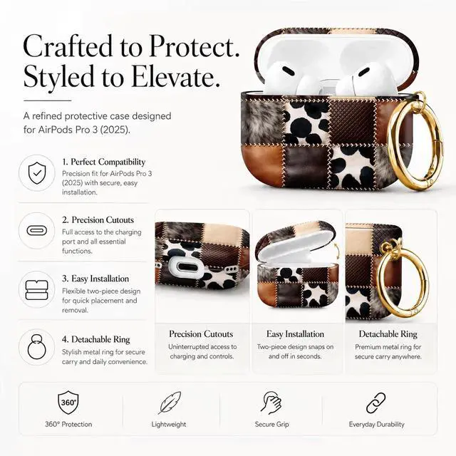 Alt view image 2 of 7 - Compatible with AirPod Pro 3 Case 2025,Shockproof Protective Cover with Keychain,Multi-Theme Graphic Design Shell for Men Women,Ideal for Gym&Travel(Leather Patchwork Cowhide Fur)