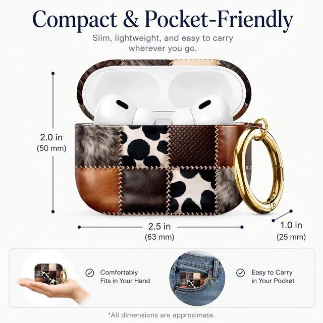 Alt view image 3 of 7 - Compatible with AirPod Pro 3 Case 2025,Shockproof Protective Cover with Keychain,Multi-Theme Graphic Design Shell for Men Women,Ideal for Gym&Travel(Leather Patchwork Cowhide Fur)
