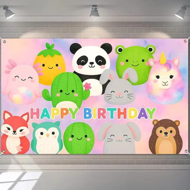 Main image of Cute Round Animal Birthday Banner 71x43 Inch Polyester | Polyester, Cute Animal Pattern, Birthday Backdrop for Home, School, Park