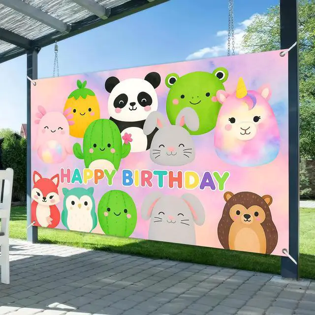 Alt view image 2 of 6 - Cute Round Animal Birthday Banner 71x43 Inch Polyester | Polyester, Cute Animal Pattern, Birthday Backdrop for Home, School, Park