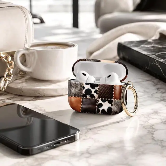 Alt view image 4 of 7 - Compatible with AirPod Pro 3 Case 2025,Shockproof Protective Cover with Keychain,Multi-Theme Graphic Design Shell for Men Women,Ideal for Gym&Travel(Leather Patchwork Cowhide Fur)