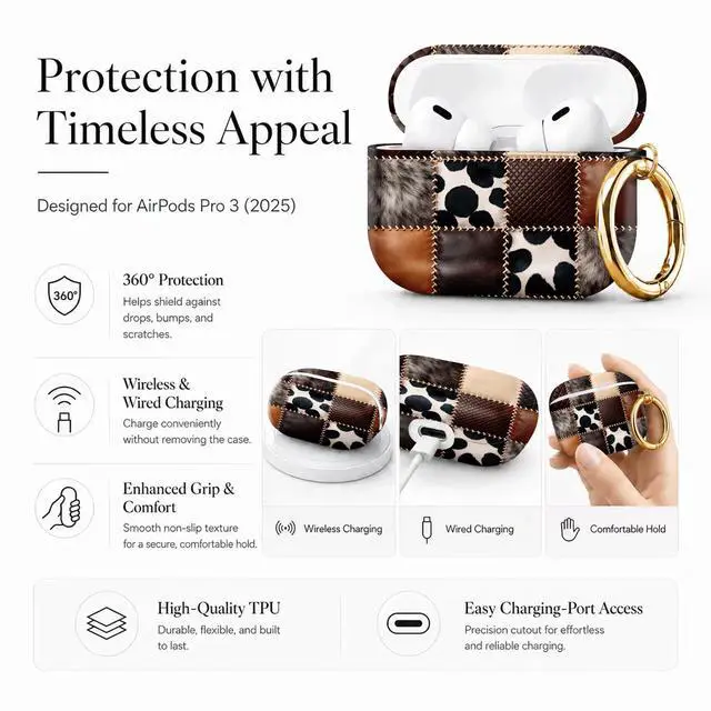 Alt view image 5 of 7 - Compatible with AirPod Pro 3 Case 2025,Shockproof Protective Cover with Keychain,Multi-Theme Graphic Design Shell for Men Women,Ideal for Gym&Travel(Leather Patchwork Cowhide Fur)