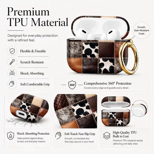 Alt view image 6 of 7 - Compatible with AirPod Pro 3 Case 2025,Shockproof Protective Cover with Keychain,Multi-Theme Graphic Design Shell for Men Women,Ideal for Gym&Travel(Leather Patchwork Cowhide Fur)