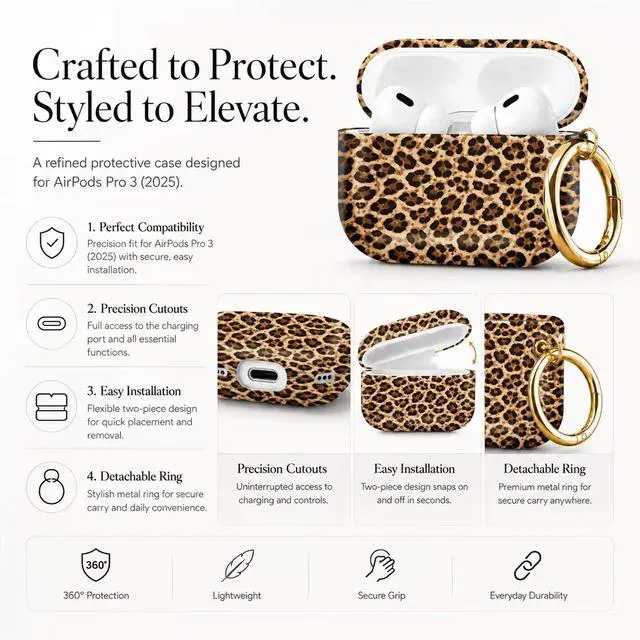 Alt view image 2 of 7 - Compatible with AirPod Pro 3 Case 2025,Shockproof Protective Cover with Keychain,Multi-Theme Graphic Design Shell for Men Women,Ideal for Gym&Travel(Leopard Background Texture)