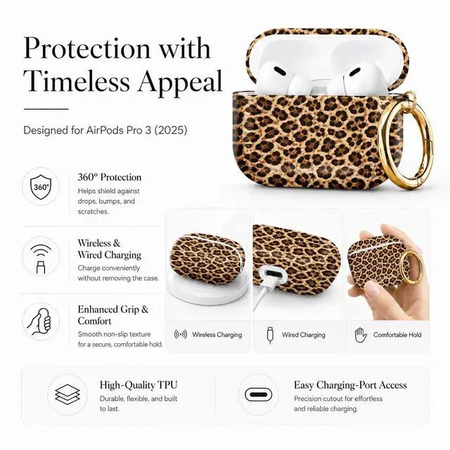 Alt view image 5 of 7 - Compatible with AirPod Pro 3 Case 2025,Shockproof Protective Cover with Keychain,Multi-Theme Graphic Design Shell for Men Women,Ideal for Gym&Travel(Leopard Background Texture)