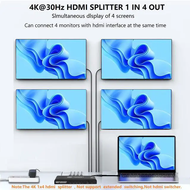 Alt view image 2 of 6 - 4K HDMI Splitter 1 in 4 Out - 1x4 Powered HDMI Splitter 4 Port Multi Monitor Outputs,Mirror/Copy Screen Only (Not Extend) Support 4Kx2K@30Hz 3D for PS4/Projector/HDTV