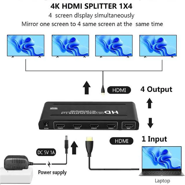 Alt view image 6 of 6 - 4K HDMI Splitter 1 in 4 Out - 1x4 Powered HDMI Splitter 4 Port Multi Monitor Outputs,Mirror/Copy Screen Only (Not Extend) Support 4Kx2K@30Hz 3D for PS4/Projector/HDTV