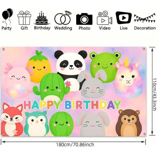 Alt view image 3 of 6 - Cute Round Animal Birthday Banner 71x43 Inch Polyester | Polyester, Cute Animal Pattern, Birthday Backdrop for Home, School, Park