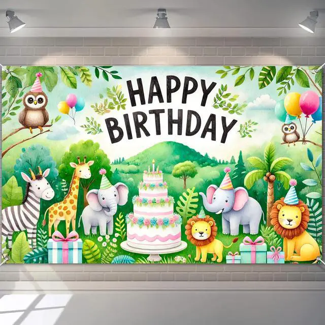 Main image of Jungle Animal Polyester Birthday Banner 71x43 Inch Party Decor | Polyester, Safari Animal Theme, Happy Birthday Backdrop Banner for garden, living room and yard wall display