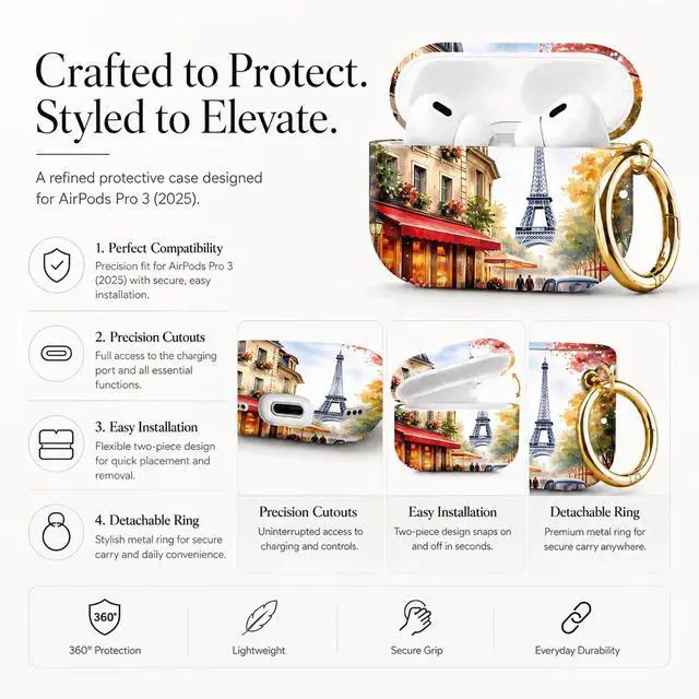 Alt view image 2 of 7 - Compatible with AirPod Pro 3 Case 2025,Shockproof Protective Cover with Keychain,Multi-Theme Graphic Design Shell for Men Women,Ideal for Gym&Travel(Paris Street Eiffel Tower Car Cafe Flower)