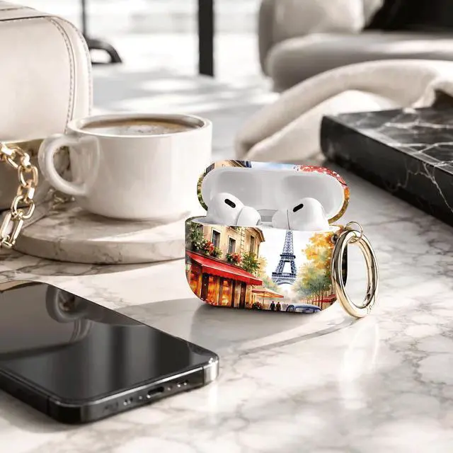 Alt view image 4 of 7 - Compatible with AirPod Pro 3 Case 2025,Shockproof Protective Cover with Keychain,Multi-Theme Graphic Design Shell for Men Women,Ideal for Gym&Travel(Paris Street Eiffel Tower Car Cafe Flower)