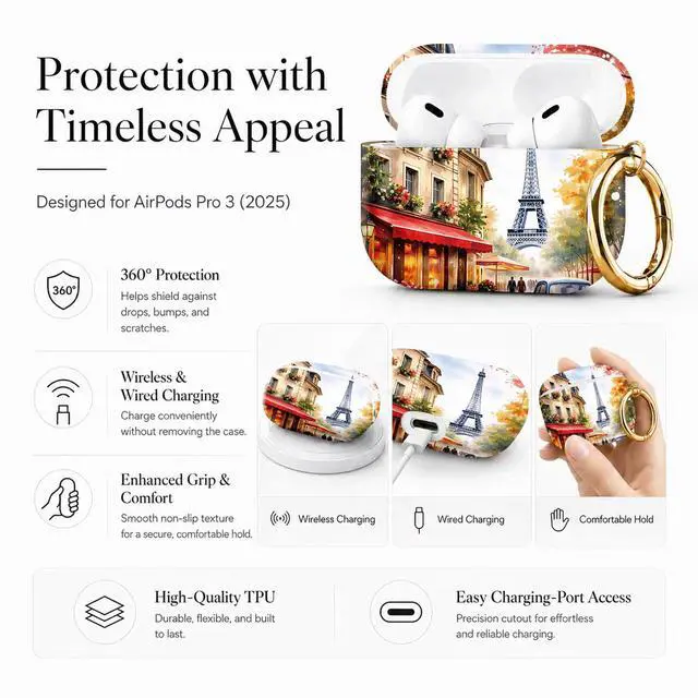 Alt view image 5 of 7 - Compatible with AirPod Pro 3 Case 2025,Shockproof Protective Cover with Keychain,Multi-Theme Graphic Design Shell for Men Women,Ideal for Gym&Travel(Paris Street Eiffel Tower Car Cafe Flower)