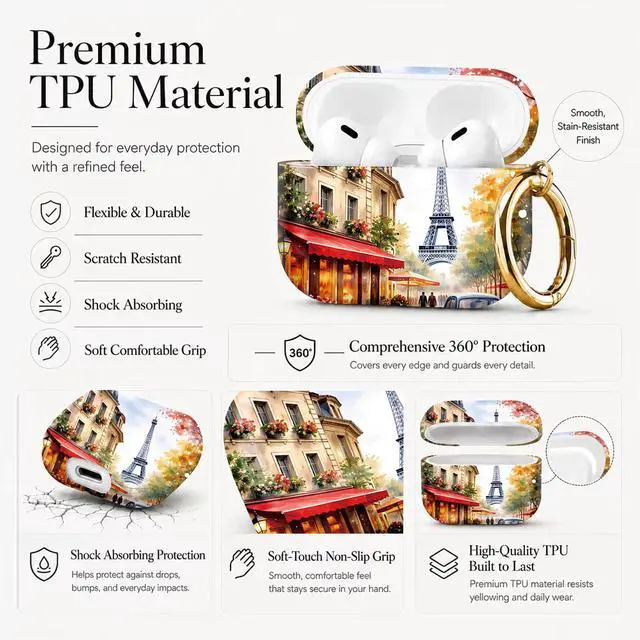 Alt view image 6 of 7 - Compatible with AirPod Pro 3 Case 2025,Shockproof Protective Cover with Keychain,Multi-Theme Graphic Design Shell for Men Women,Ideal for Gym&Travel(Paris Street Eiffel Tower Car Cafe Flower)