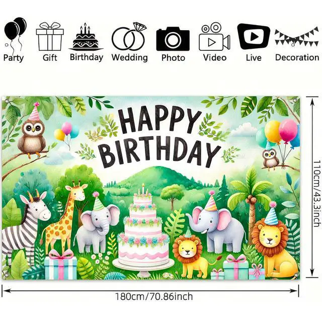 Alt view image 3 of 6 - Jungle Animal Polyester Birthday Banner 71x43 Inch Party Decor | Polyester, Safari Animal Theme, Happy Birthday Backdrop Banner for garden, living room and yard wall display
