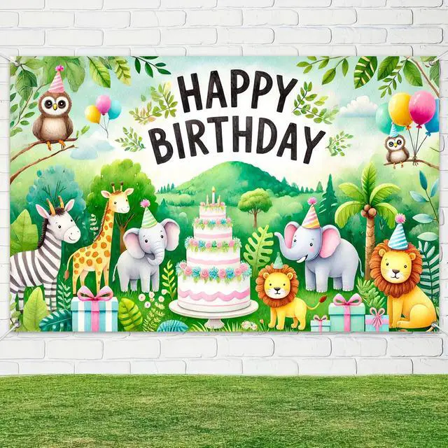Alt view image 4 of 6 - Jungle Animal Polyester Birthday Banner 71x43 Inch Party Decor | Polyester, Safari Animal Theme, Happy Birthday Backdrop Banner for garden, living room and yard wall display