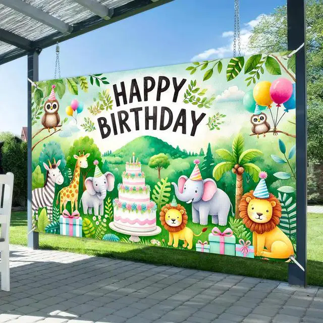 Alt view image 2 of 6 - Jungle Animal Polyester Birthday Banner 71x43 Inch Party Decor | Polyester, Safari Animal Theme, Happy Birthday Backdrop Banner for garden, living room and yard wall display