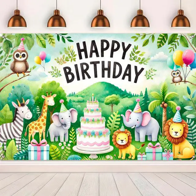 Alt view image 5 of 6 - Jungle Animal Polyester Birthday Banner 71x43 Inch Party Decor | Polyester, Safari Animal Theme, Happy Birthday Backdrop Banner for garden, living room and yard wall display