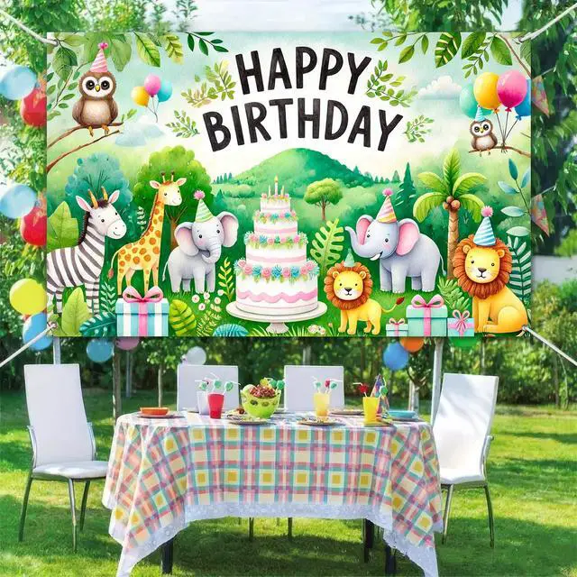 Alt view image 6 of 6 - Jungle Animal Polyester Birthday Banner 71x43 Inch Party Decor | Polyester, Safari Animal Theme, Happy Birthday Backdrop Banner for garden, living room and yard wall display