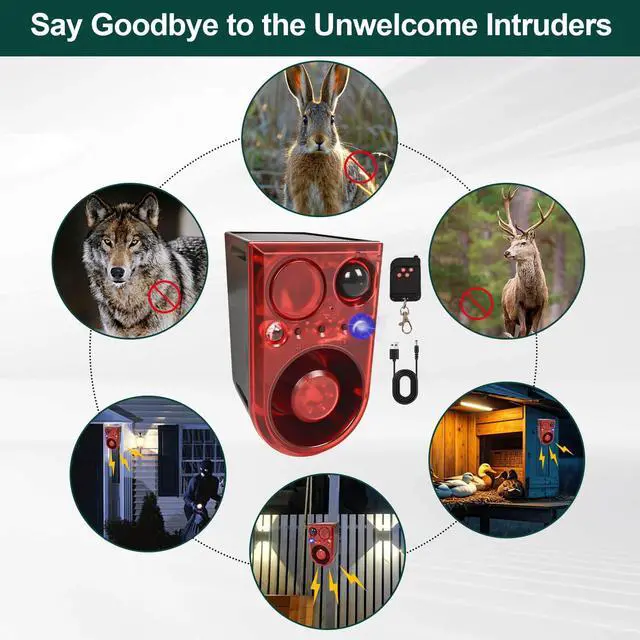 Alt view image 2 of 5 - Solar Outdoor Motion Sensor Alarm with Ultrasonic-13-Sounds Including Dog Barking/Gunshot Sound, Support Recording&+/-Volume,130db Motion Detector with Strobe Lights,The Intruder Escape Soon (2 packs)