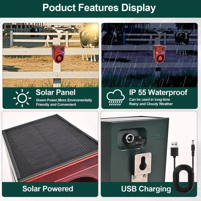Alt view image 4 of 5 - Solar Outdoor Motion Sensor Alarm with Ultrasonic-13-Sounds Including Dog Barking/Gunshot Sound, Support Recording&+/-Volume,130db Motion Detector with Strobe Lights,The Intruder Escape Soon (2 packs)