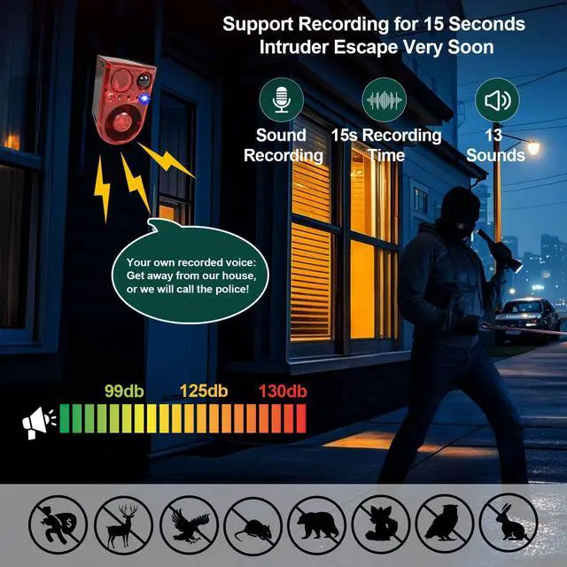Alt view image 5 of 5 - Solar Outdoor Motion Sensor Alarm with Ultrasonic-13-Sounds Including Dog Barking/Gunshot Sound, Support Recording&+/-Volume,130db Motion Detector with Strobe Lights,The Intruder Escape Soon (2 packs)