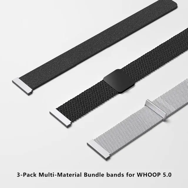 Alt view image 2 of 7 - 3-Pack Bands Compatible with WHOOP 5.0 | Includes Magnetic Silicone Strap, Stainless Steel Mesh Loop & Woven Nylon Sports Wristband with Custom Adapters