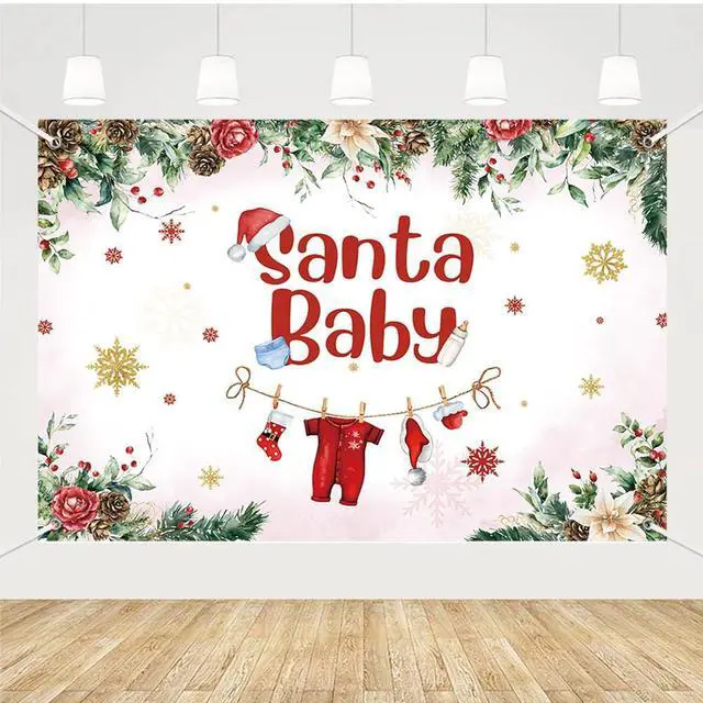 Main image of Christmas Baby Shower Backdrop Banner, Santa Xmas Tree Snowflake Decorations, Kids Winter Newborn Party Supplies, Cake Table Banner, Photo Props 8x6ft